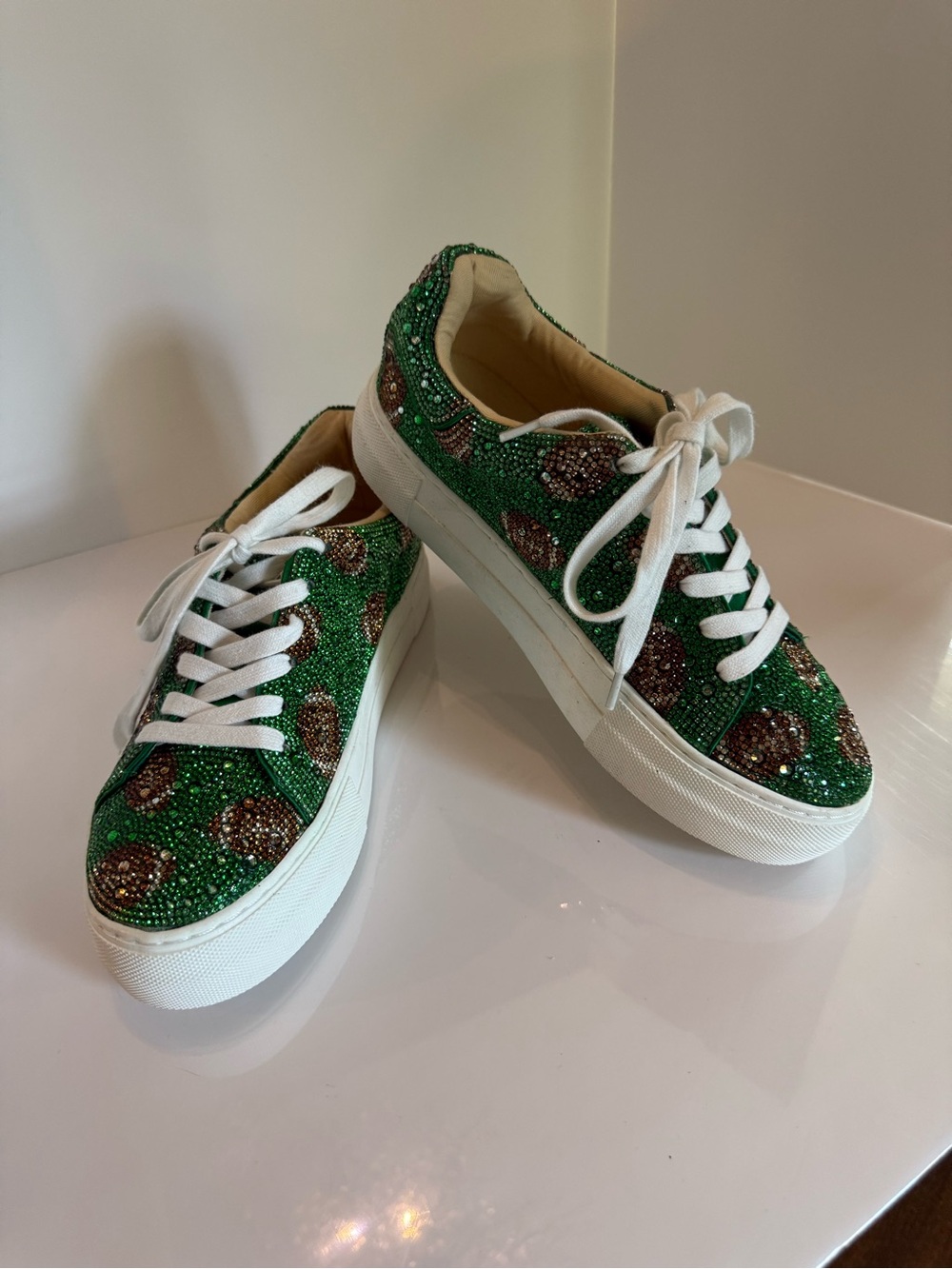 Betsey Johnson Green Crystal Football-Print Platform Sneakers